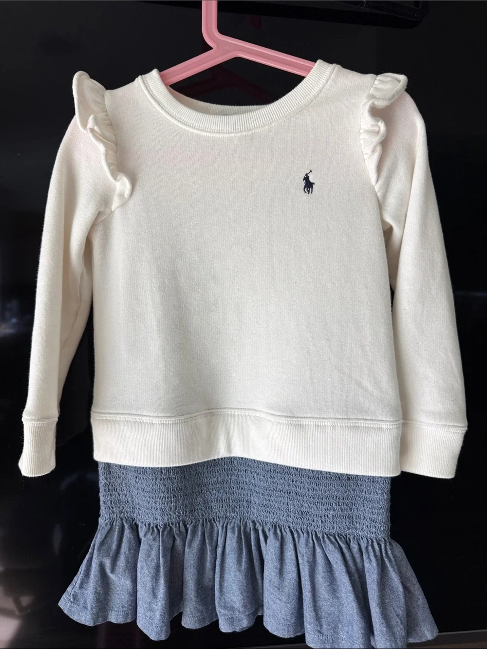 Ralph Lauren Cream Ruffle-Shoulder Sweatshirt with Navy Pony